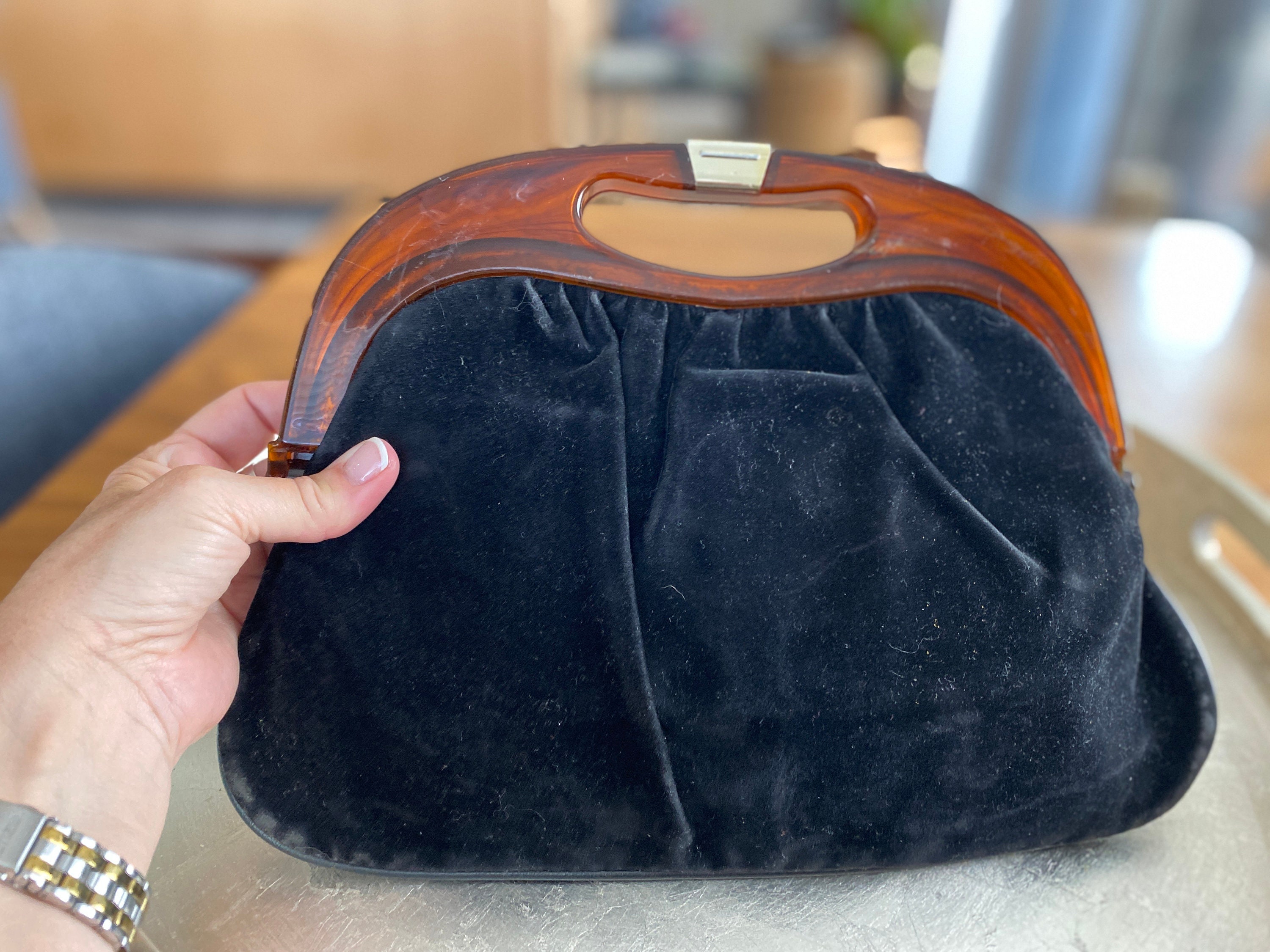 Vintage 70s Widegate Leather Bag, Purse, Black/Brown Patent, Unused, Lucite Top Handle in Faux Tortoiseshell, Very On Trend, Made in England