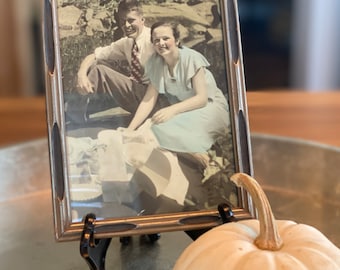 Hand Tinted Vintage Framed Photo of Couple Having a Picnic ⎮ Antique Framed Black & White Photo 5x7 Man Woman Portrait Antique Table Frame
