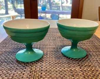 2 Aqua Hazel Atlas Modertone Platonite Sherbet Dessert Cups - 1930's Art Deco Stemmed Cups for Ice Cream and Desserts Pastel Milk Glass