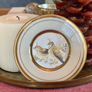4” Porcelain Chokin Plate 24k Gold Edged Art of Chokin Collector Plate w/ Quails Birds - Silver & Gold Rimmed Bird Plate Chokin Japanese
