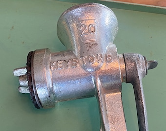 Antique Keystone Meat Grinder Food Chopper - Antique Hand Crank Meat Grinder Farmhouse Kitchen - Antique Meat Grinder w/ Red Wood Handle