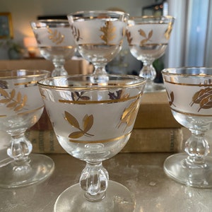 6 copos cordiais de folha de ouro Libbey - copos de coquetel fosco com folhagem dourada Libbey, aperitivo - utensílios de bar de meados do século, copos dourados para presente