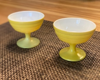 2 Yellow Hazel Atlas Modertone Platonite Sherbet Dessert Cups - 1930's Art Deco Stemmed Cups for Ice Cream and Desserts Pastel Milk Glass