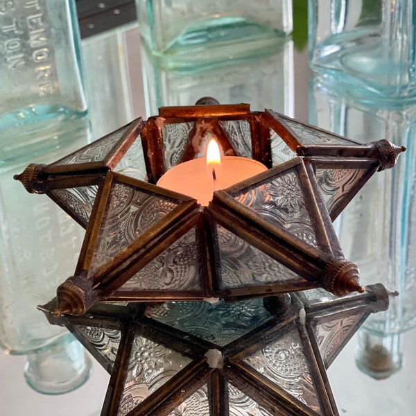 Vintage Glass Star Votive Candle Holder - Brass & Class Tea Light Holder Etched Glass Tea Light Candle Holder - Bohemian Shelf Decor