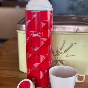Vintage Quart Size Red-Icy Hot King Seeley Thermos Geometric Squares -Vintage Tall Red Thermos Square Geometric - Large Red Retro Thermos