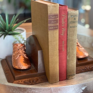 Vintage Bronzed Baby Shoe Bookends - Nursery Decor Bronze Baby Shoes - Vintage Gold Bronzed Baby Shoes on Wooden Bookends Baby Boots