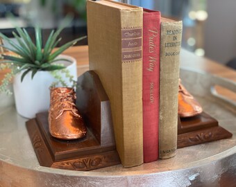 Vintage Bronzed Baby Shoe Bookends - Nursery Decor Bronze Baby Shoes - Vintage Gold Bronzed Baby Shoes on Wooden Bookends Baby Boots