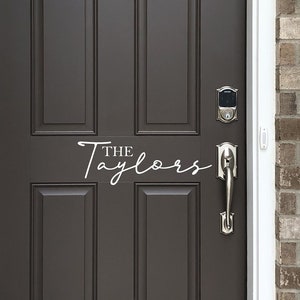 May include: A dark brown front door with a white trim and a silver door handle. The door has a white vinyl decal that says "The Taylors".