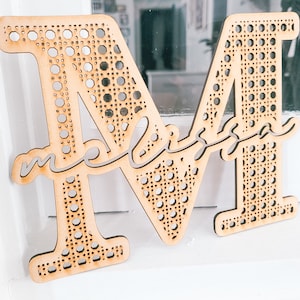 Custom Name Sign, Nursery Name Sign, Baby Name, Personalised Wooden Name Sign, 3D, Freestanding, Hanging, Rustic, Rattan, Cane Pattern, Gift