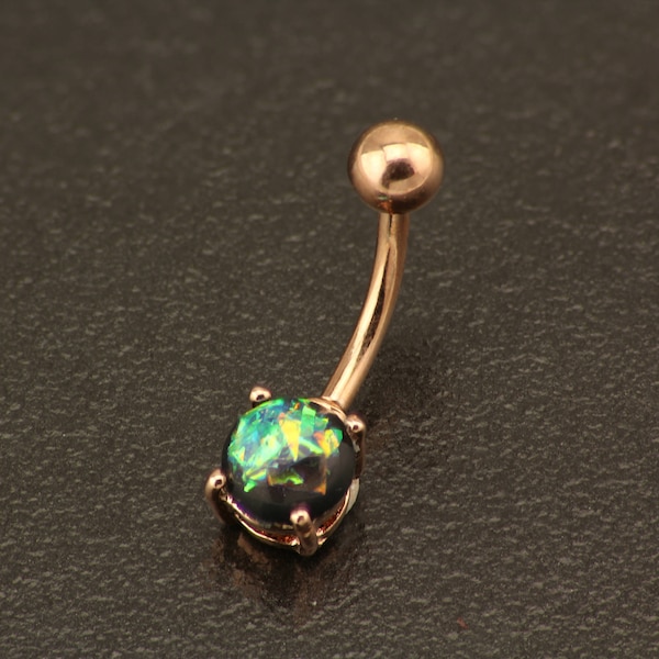 Opal Belly Button Ring. Basic Black Fire Opal Belly Ring. Rose Gold Navel Jewelry. Classic Sparkle Body Jewellery. Boho Fire Opal Belly Bar.