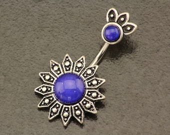 Sun Belly Button Ring. Flower Belly Ring. Boho Tribal Sun Piercing. Silver Navel Ring. Bohemian Sparkle Body Jewelry. Unique Belly Bar.