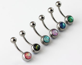 Opal Belly Button Ring. Basic Fire Opal Belly Ring. Silver Navel Jewelry. Boho Sparkle Body Jewellery. Bohemian Fire Opal Belly Bar.