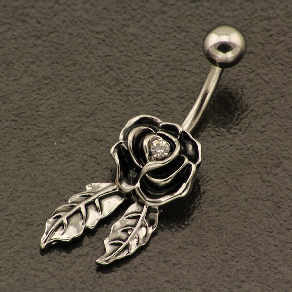 Rose Belly Ring. Flower Belly Button Jewelry. Silver Navel Ring. Vintage 14GA Belly Bar. Flower Belly Piercing Antique Silver Body Jewellery