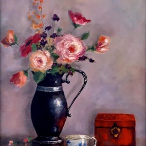 Gicleekunstdruk, bloemenstilleven, ingelijst en genummerd
