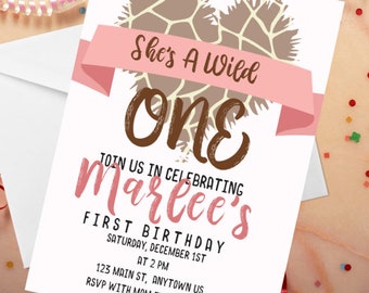 Girls Wild One First Birthday Invitation with Free Cupcake Toppers