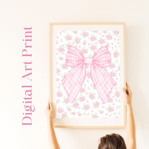 Pink Gingham and Floral Watercolor Preppy Coquette Bow Print - Dorm Room, Nursery, Baby Shower Decor - Digital Download Art Print