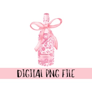 Pink Watercolor Preppy Coquette Champagne Bottle PNG File - Personal and Commercial Use - Instant Download
