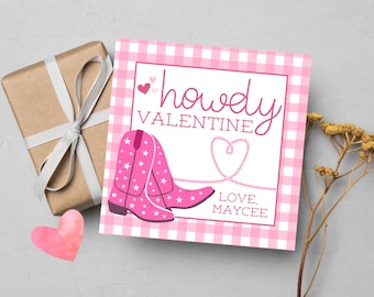 Howdy Valentine - Cowgirl Boots Pink Western Valentine&#39;s Day Card - Custom Valentine&#39;s Day Card Gift Tag - Kids Class Valentine&#39;s School