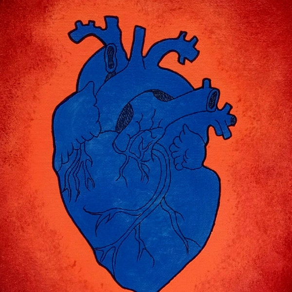 DARK BLUE HEART Painting Canvasboard Anatomical Illustration Tattoo Design Acrylic Mixed Media Blue Orange Glowing Clear Finish Series Art