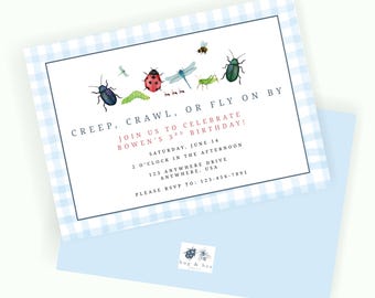 May include: A blue and white gingham patterned invitation with a white border. The invitation has a watercolor illustration of various bugs and the text "CREEP, CRAWL, OR FLY ON BY JOIN US TO CELEBRATE BOWEN'S 3RD BIRTHDAY! SATURDAY, JUNE 14 2 O'CLOCK IN THE AFTERNOON 123 ANYWHERE DRIVE ANYWHERE, USA PLEASE RSVP TO: 123-456-7891".
