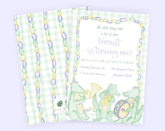 May include: Watercolor birthday invitations featuring a green and white gingham pattern with chain accents. The invitation text reads "Forrest is turning one!" and includes illustrations of alligators playing musical instruments. The invitations are light green, purple, and yellow.