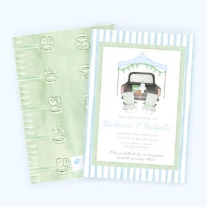 May include: A watercolour invitation with a football field design on the reverse and a tailgate party scene on the front. The front features a truck, chairs, and text that reads "Borlen's 1st tailgate!"