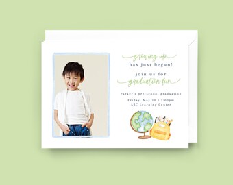 May include: A graduation invitation with a photo of a young boy in a white shirt and blue jeans. The invitation says "growing up has just begun! join us for graduation fun" and includes the date, time, and location of the event.