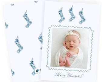Watercolor Toile Stockings Christmas Card | Red & Blue | Vertical | Digital File Only