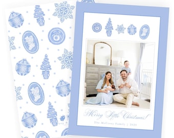Watercolor Blue Holiday Intaglio Inspired Southern Classic Christmas Card | Vertical | Digital File Only