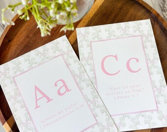 ABC Bible Verse Flash Cards | Watercolor Christian Alphabet Cards | Scripture Memory Cards for Kids | Faith-Based Learning | Blue | Pink