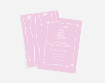 Pode incluir: Convite rosa com um contorno branco de uma torre de champanhe e o texto "Beba bolhas, Katy está tendo um bebê!" O convite também inclui o texto "Junte-se a nós para um chá de panela" e "Sábado, 11 de agosto às 11:00 am no The Retreat."