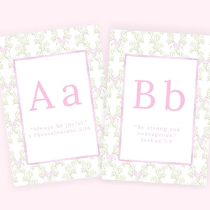Cartões de Versículos Bíblicos do ABC | Cartões do Alfabeto Cristão em Aquarela | Cartões de Memorização das Escrituras para Crianças | Imprimível para Aprendizagem Baseada na Fé | Rosa