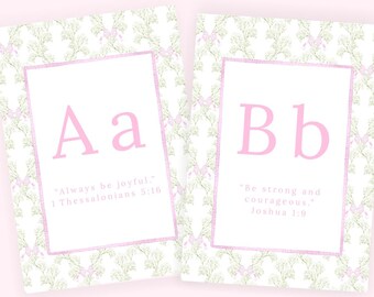 Cartes flash de versets bibliques ABC | Cartes aquarelles de l'alphabet chrétien | Cartes mémoire bibliques pour enfants | Apprentissage confessionnel imprimable | Rose