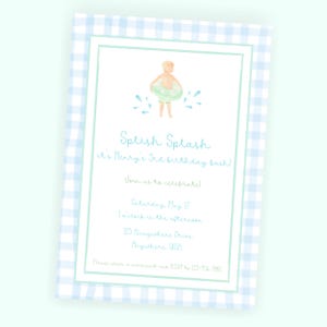May include: A blue and white gingham patterned invitation for a child's birthday party. The invitation features a cartoon illustration of a boy wearing a blue swimsuit and a green inflatable ring. The text on the invitation reads "Splish Splash it's Henry's 1st birthday bash!"  Join us to celebrate Saturday, May 17 1 o'clock in the afternoon 123 Anywhere Drive Anywhere, USA Please wear a swimsuit and RSVP to 123-456-7890
