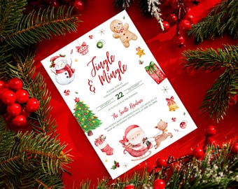 May include: A festive Christmas party invitation with the words "Jingle & Mingle" in red script. The invitation features watercolor illustrations of a snowman, Christmas tree, Santa Claus, and other festive elements on a white background.