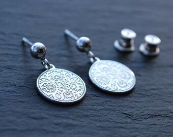 STERLING SILVER earrings, Engraved Folk Design, silver 925, circle, wheel, studs