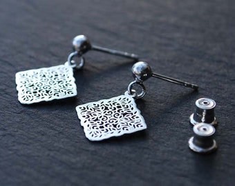 STERLING SILVER earrings, SQUARE open-work , silver 925, studs