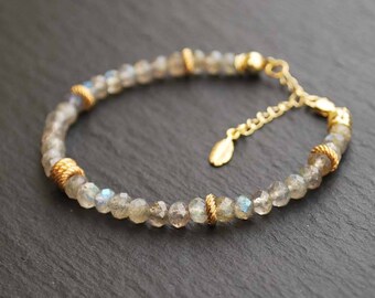 Gray faceted LABRADORITE Bracelet, Sterling Silver 925 plated gold