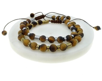 BRACELET Tiger Eye and Hematite, Gemstone Bracelet, gold, silver, cord