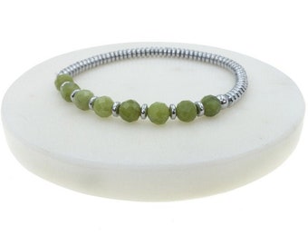 BRACELET silver Hematite, Green Olivin Quartz Gemstone, stretch