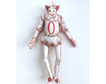 Antique Fabric Clown Doll: Handmade Circus Decor, 20" Poseable Toy