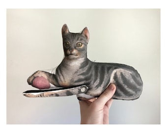 Handmade Gray Tabby Cat Doll with Yarn Ball: Antique Lithograph Fabric