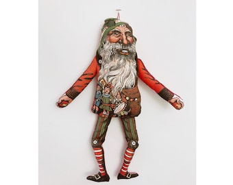 Father Christmas! Papa Noel! Santa Claus!  - Antique Vintage Lithograph Handmade Fabric Soft Doll