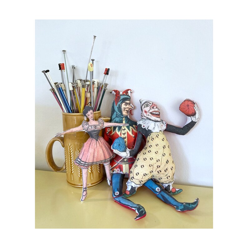 Juggling Clown Circus/ Jester / Juggler/ Creepy Cute / Cirque Antique Vintage Lithograph Handmade Fabric Soft Doll image 2