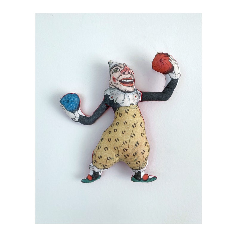 Juggling Clown Circus/ Jester / Juggler/ Creepy Cute / Cirque Antique Vintage Lithograph Handmade Fabric Soft Doll image 1