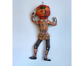 Jack O'Lantern Fabric Doll: Antique Lithograph Jester, Halloween Decor