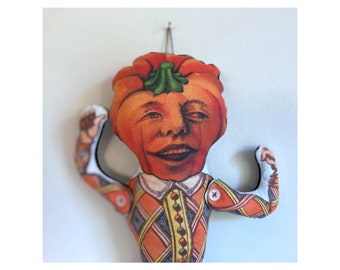 Jack O'Lantern Fabric Doll: Antique Lithograph Jester, Halloween Decor