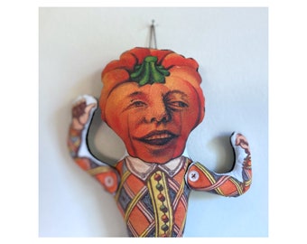 Jack O'Lantern !  Pumpkin / Jester / Clown / Jackolantern / Fall / Autumn/ Halloween - Antique Vintage Lithograph Handmade Fabric Soft Doll