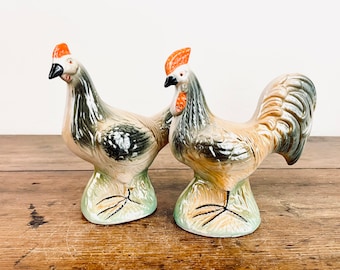 Vintage Iridescent Lusterware Rooster and Hen Ceramic Figurines / Made in Brazil
