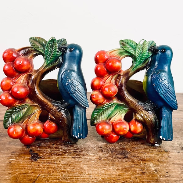 Vintage Pair of 1952 Miller Chalkware Wall Decor "Bluebird on Cherry Branch M49" / Mid Century Kitsch Kitchen Wall Art / Blue Bird Fruit